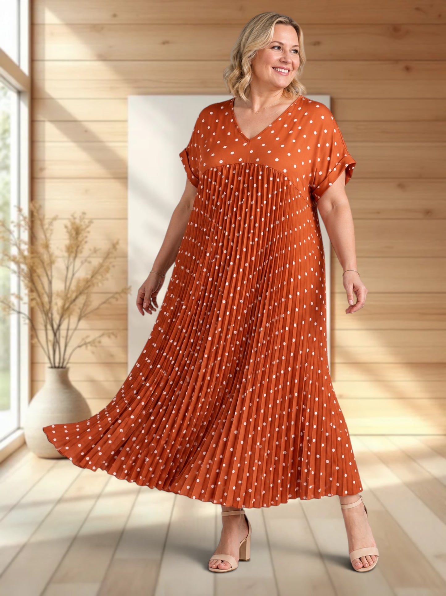 MELODIE - ROBE TERRACOTTA A POIS PLISSEE JUSQU'A LA TAILLE 56