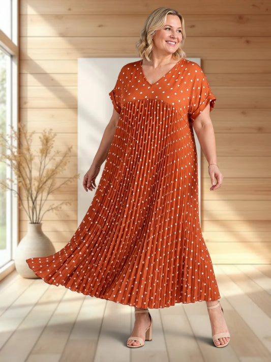 MELODIE - ROBE TERRACOTTA A POIS PLISSEE JUSQU'A LA TAILLE 56