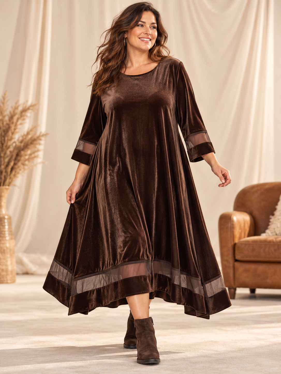CLAUDIA - ROBE MARRON EN VELOURS FLUIDE JUSQU'A LA TAILLE 52/54