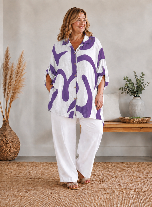 DELPHINE - CHEMISE MOTIF VIOLET JUSQU'A LA TAILLE 58