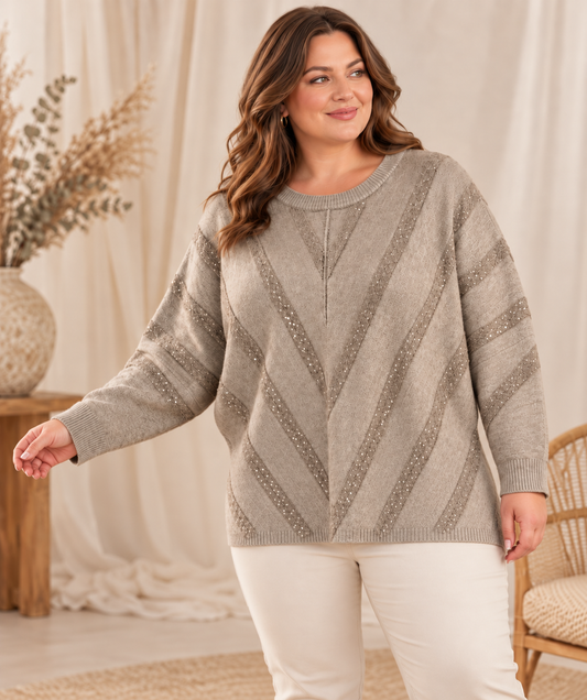 ROMY - PULL OVERSIZE TAUPE AVEC PETIT SEQUINS JUSQU'A LA TAILLE 56