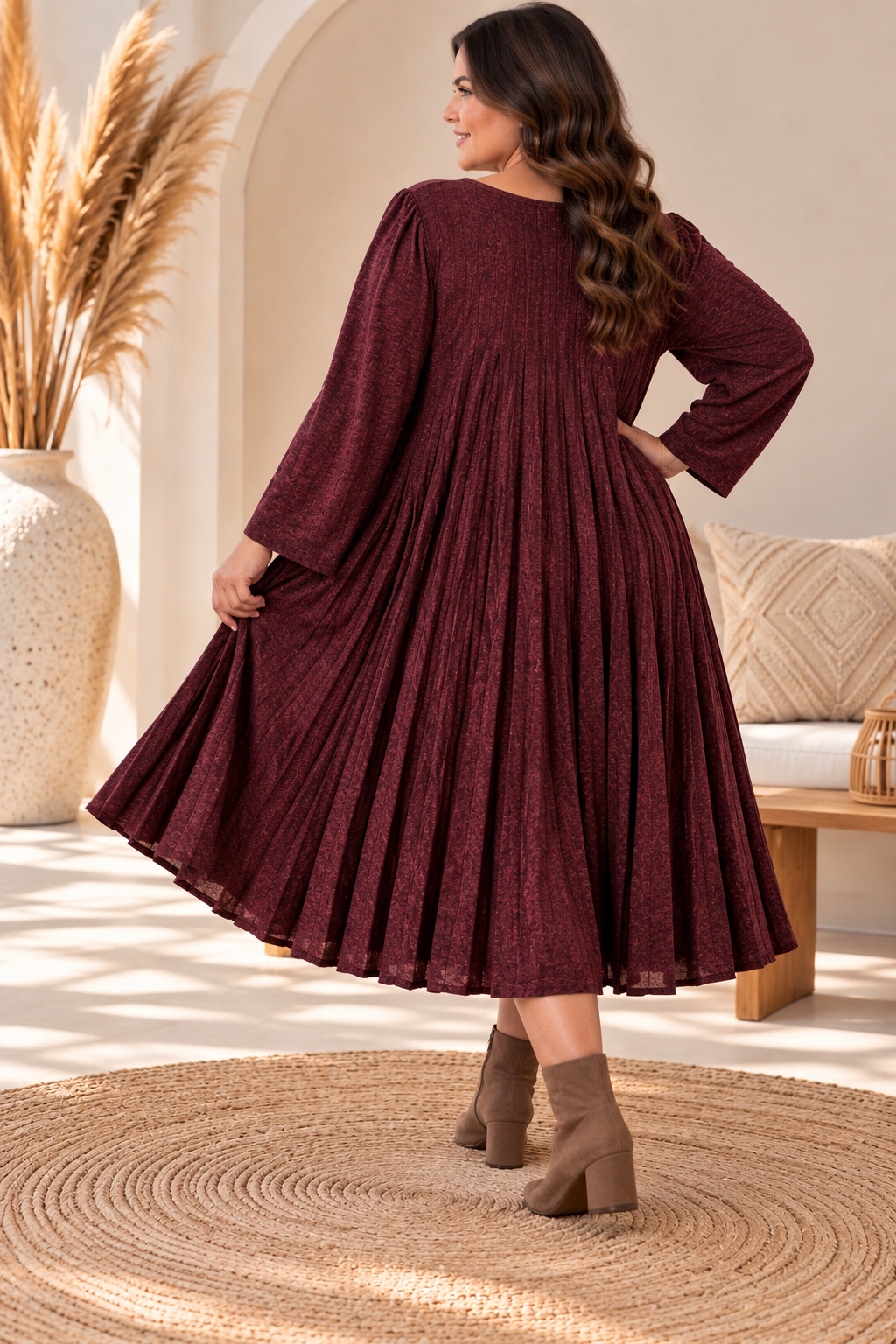 CANDICE - ROBE BORDEAUX PLISSEE JUSQU'A LA TAILLE 54