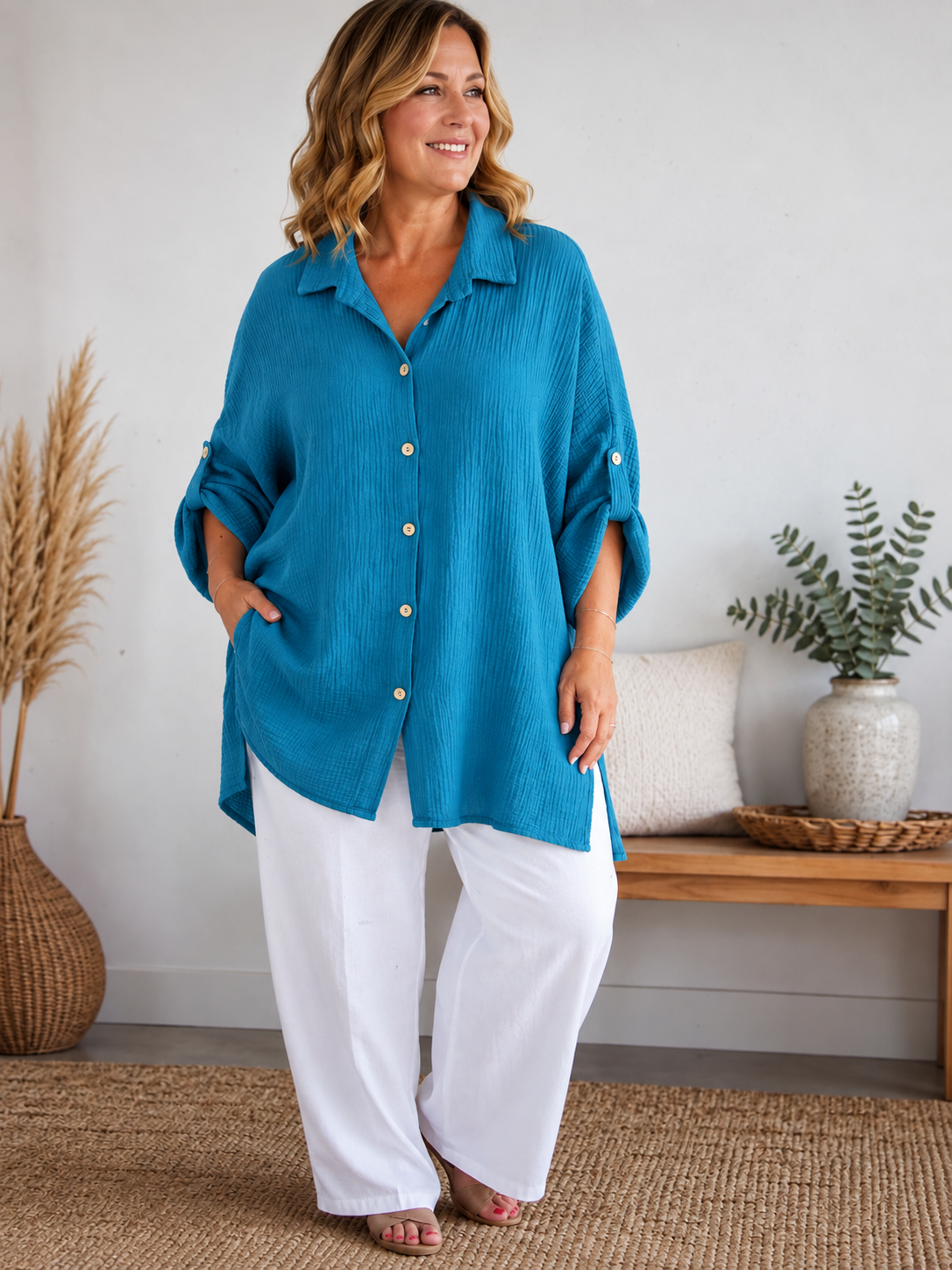 AXELLE - CHEMISE BLEU CANARD EN GAZE DE COTON JUSQU'A LA TAILLE 58