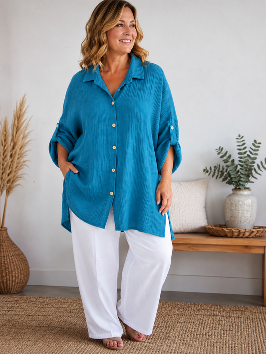 AXELLE - CHEMISE BLEU CANARD EN GAZE DE COTON JUSQU'A LA TAILLE 58