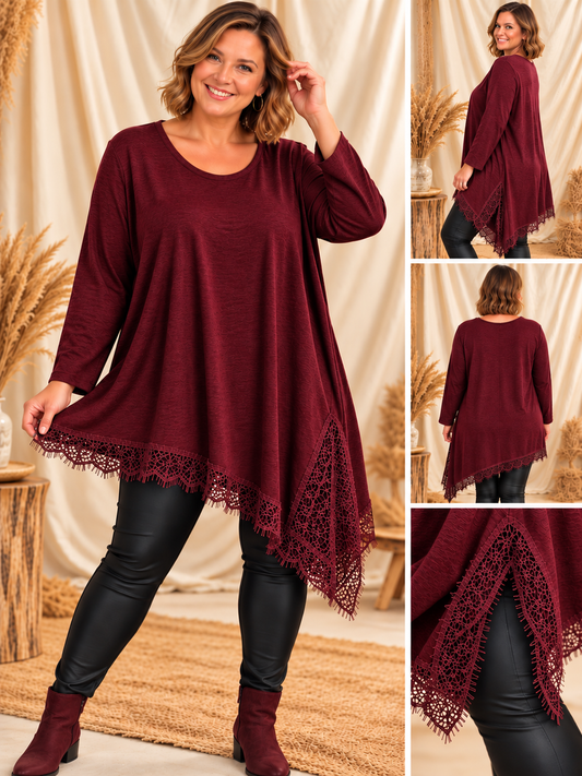 AMANDINE - TUNIQUE BORDEAUX EN MAILLE AVEC DENTELLE JUSQU'A LA TAILLE 54