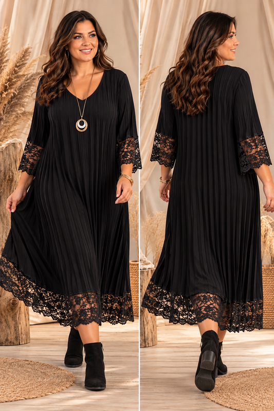 ROMANE - ROBE NOIRE PLISSEE AVEC DENTELLE JUSQU'A LA TAILLE 54