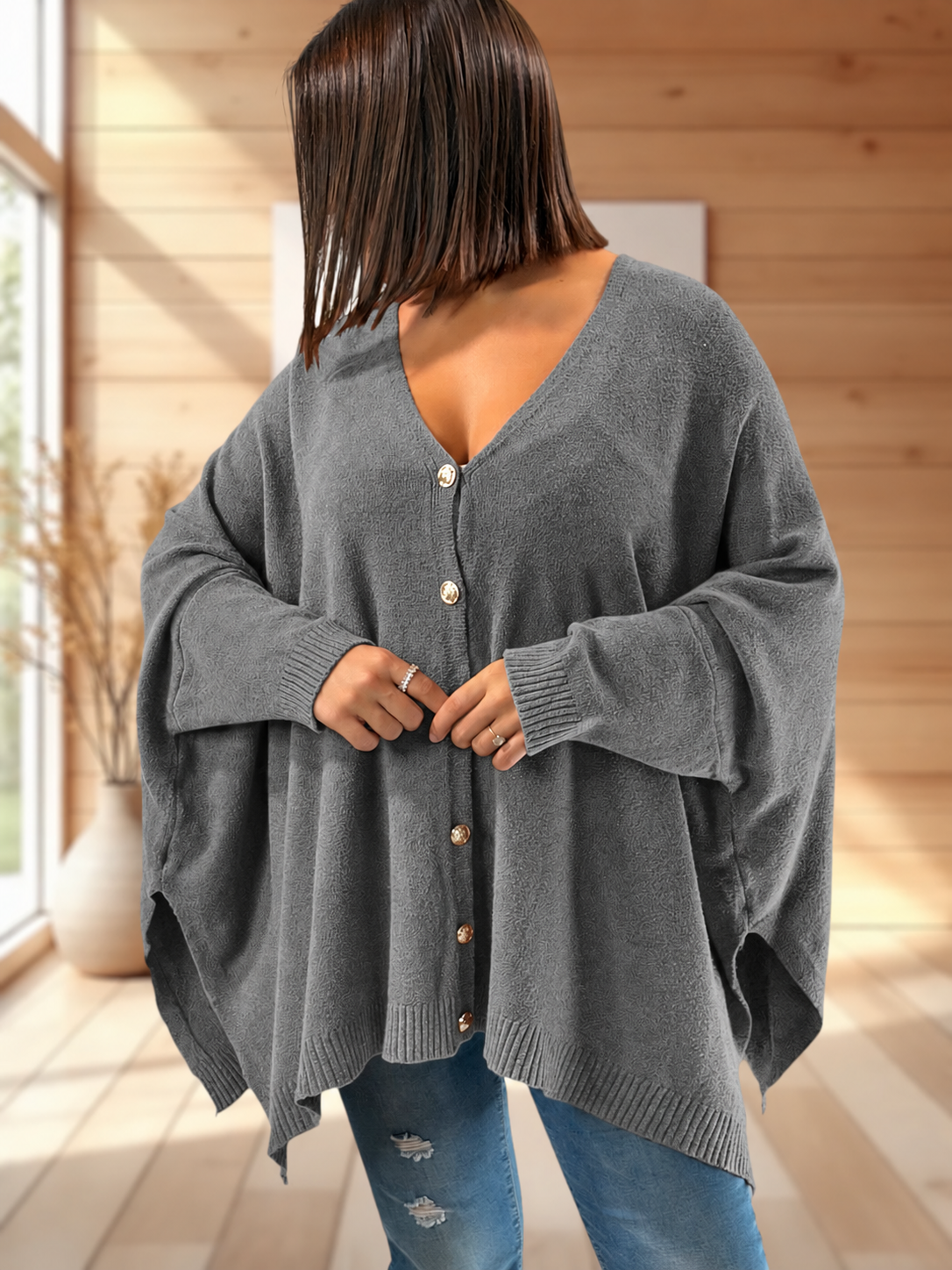 MATHILDE - GILET OVERSIZE GRIS JUSQU'A LA TAILLE 56/58