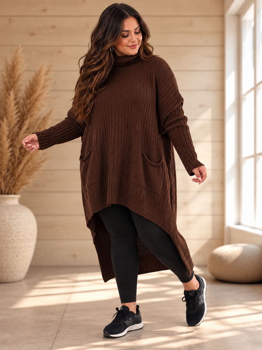 CEZANNE - PULL OVERSIZE MARRON JUSQU'A LA TAILLE 56