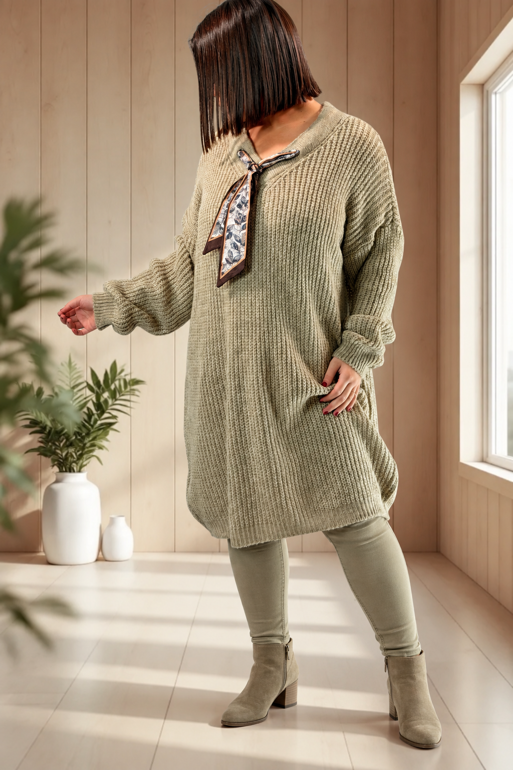 ALEXANDRA - PULL OVERSIZE BEIGE AVEC CRAVATE JUSQU'A LA TAILLE 54/56