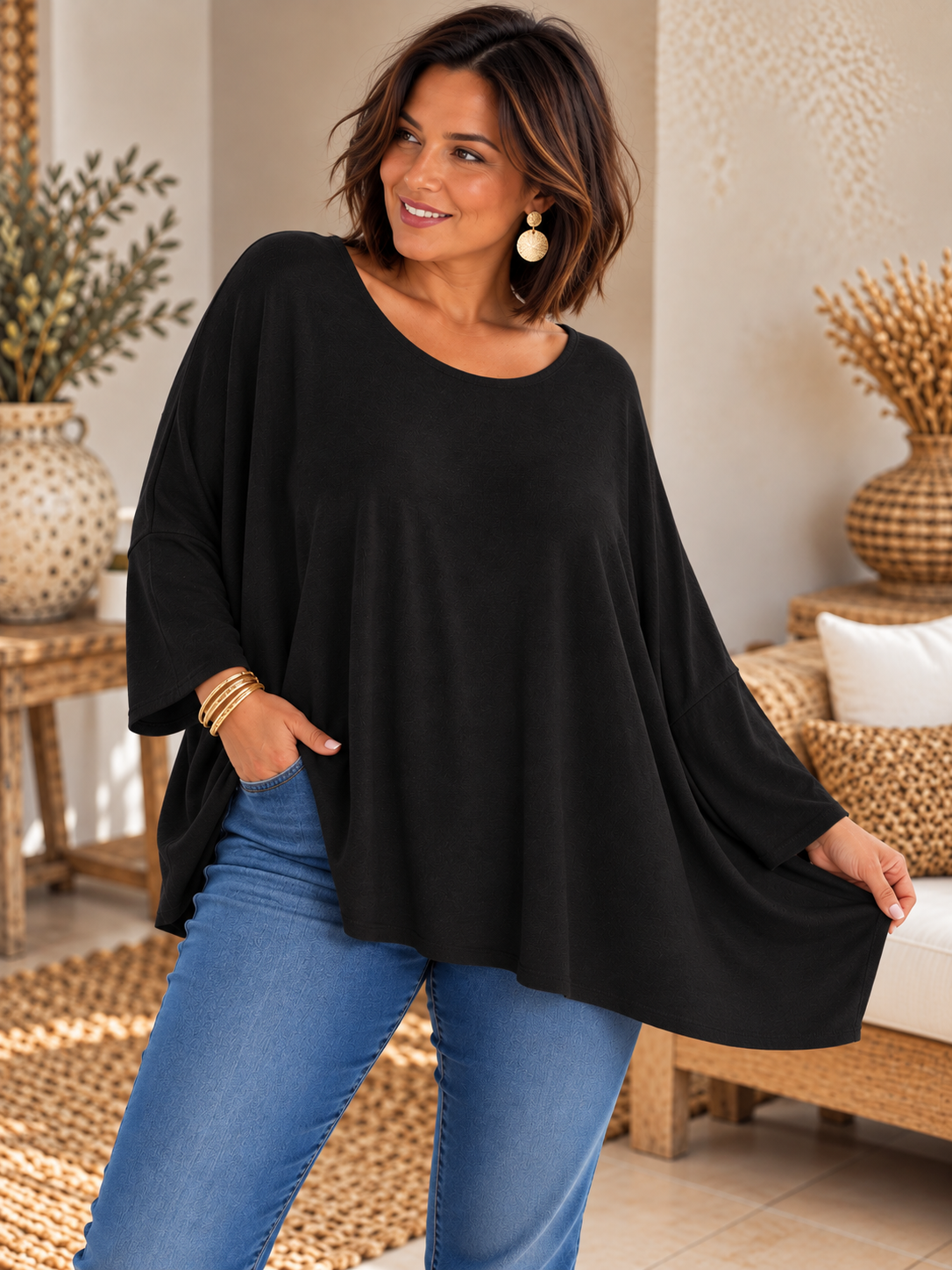 CAPRIO - PULL NOIR EN MAILLE FLUIDE JUSQU'A LA TAILLE 54