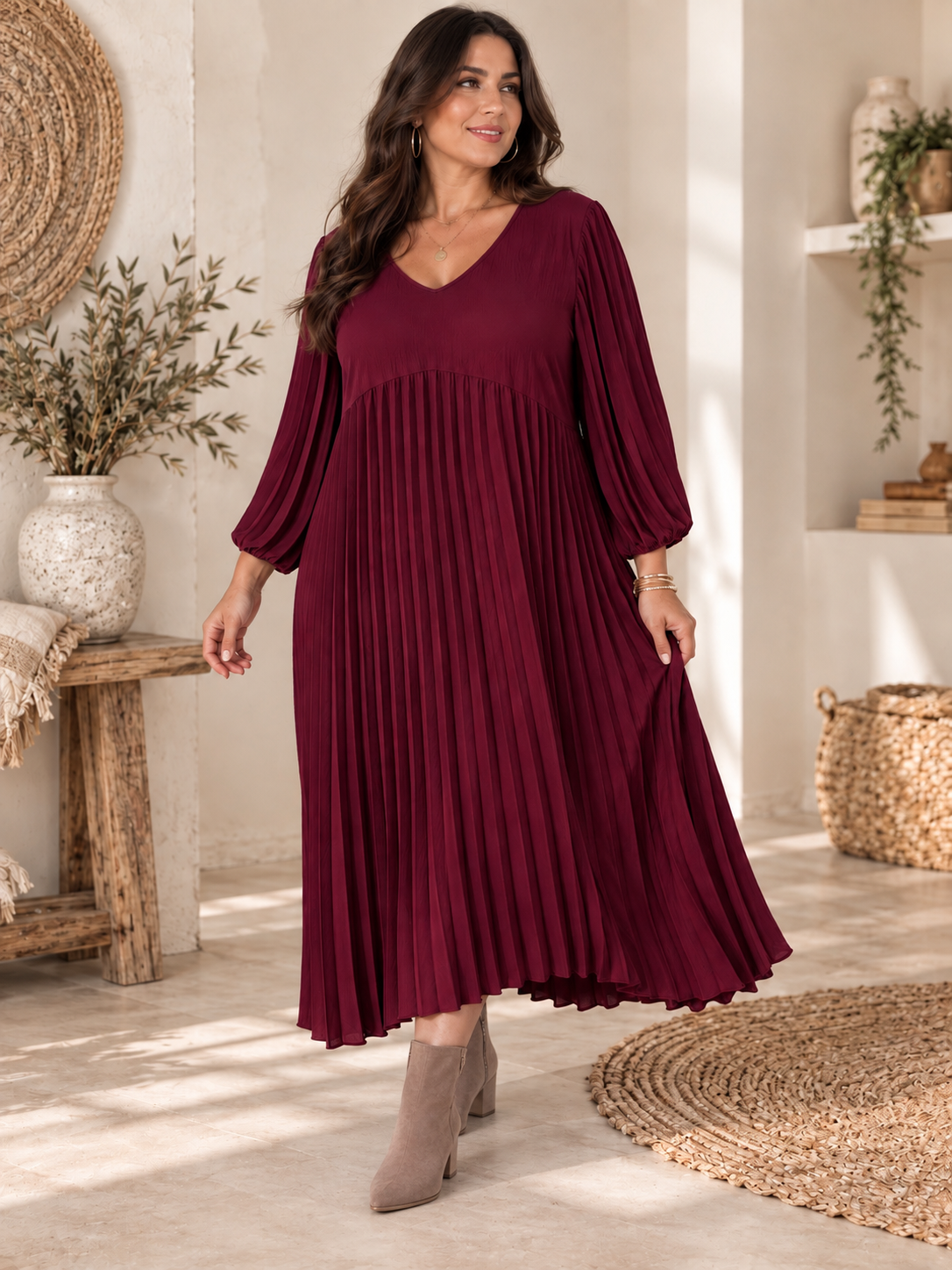 MELODIE - ROBE BORDEAUX PLISSEE JUSQU'A LA TAILLE 56