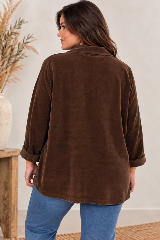 ORNELLA - VESTE MARRON EN VELOURS JUSQU'A LA TAILLE 54
