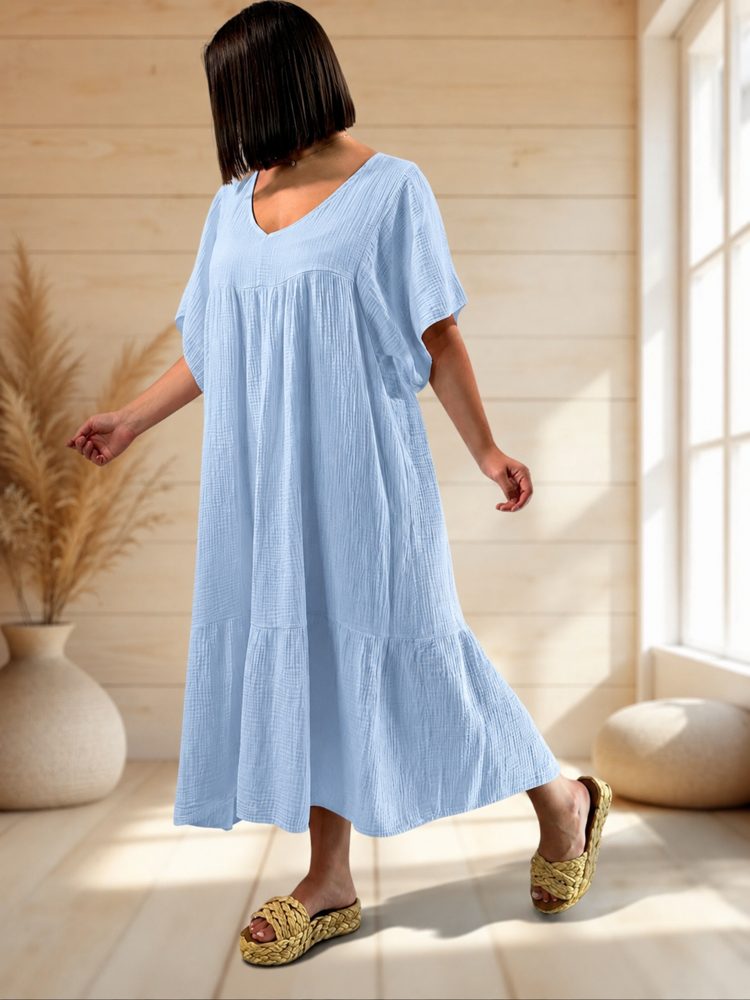 LAURETTE - ROBE LONGUE BLEUE CIEL EN GAZE DE COTON JUSQU'A LA TAILLE 54