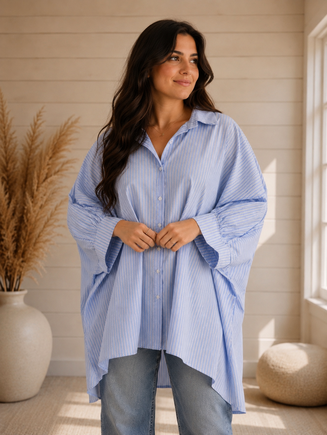 LULU  - TUNIQUE OVERSIZE A RAYURE BLEUE JUSQU'A LA TAILLE 58