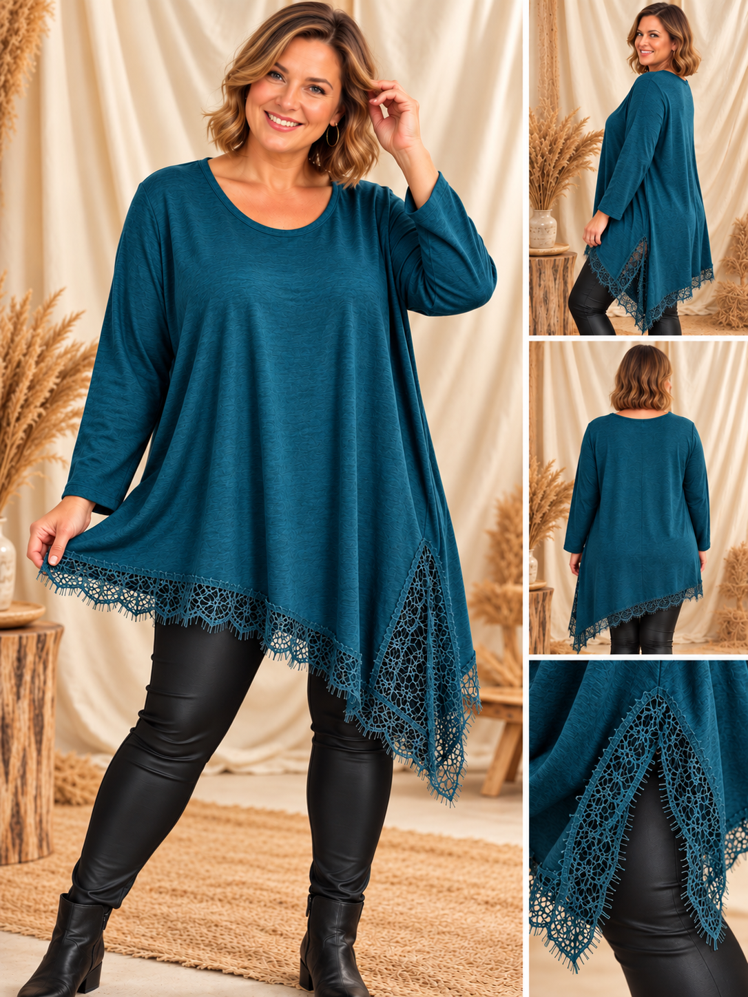 AMANDINE - TUNIQUE BLEUE EN MAILLE AVEC DENTELLE JUSQU'A LA TAILLE 54