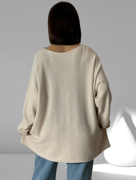 LARA - PULL OVERSIZE BEIGE JUSQU'A LA TAILLE 54
