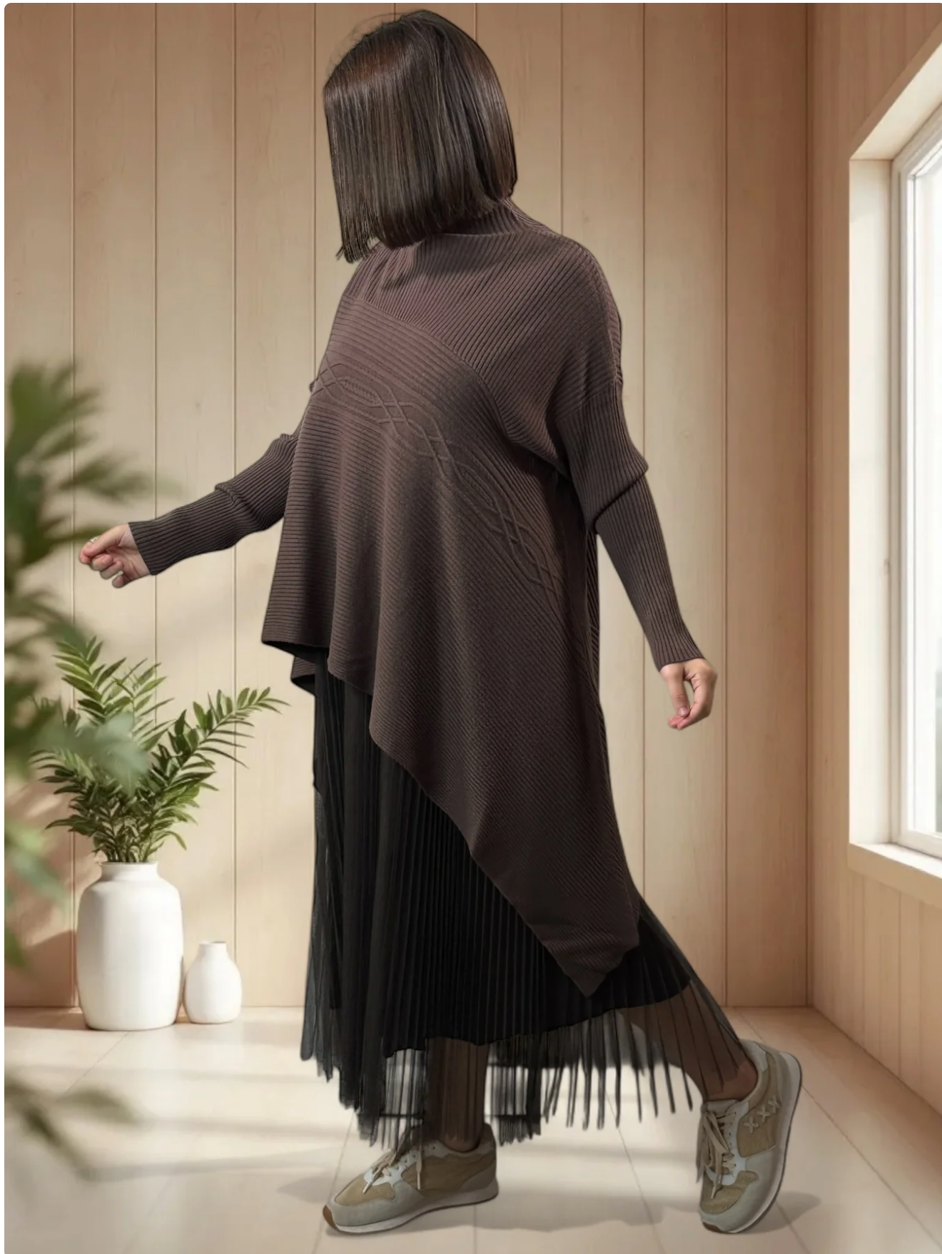 ALICE- PULL MARRON ASYMETRIQUE JUSQU'A LA TAILLE 50/52