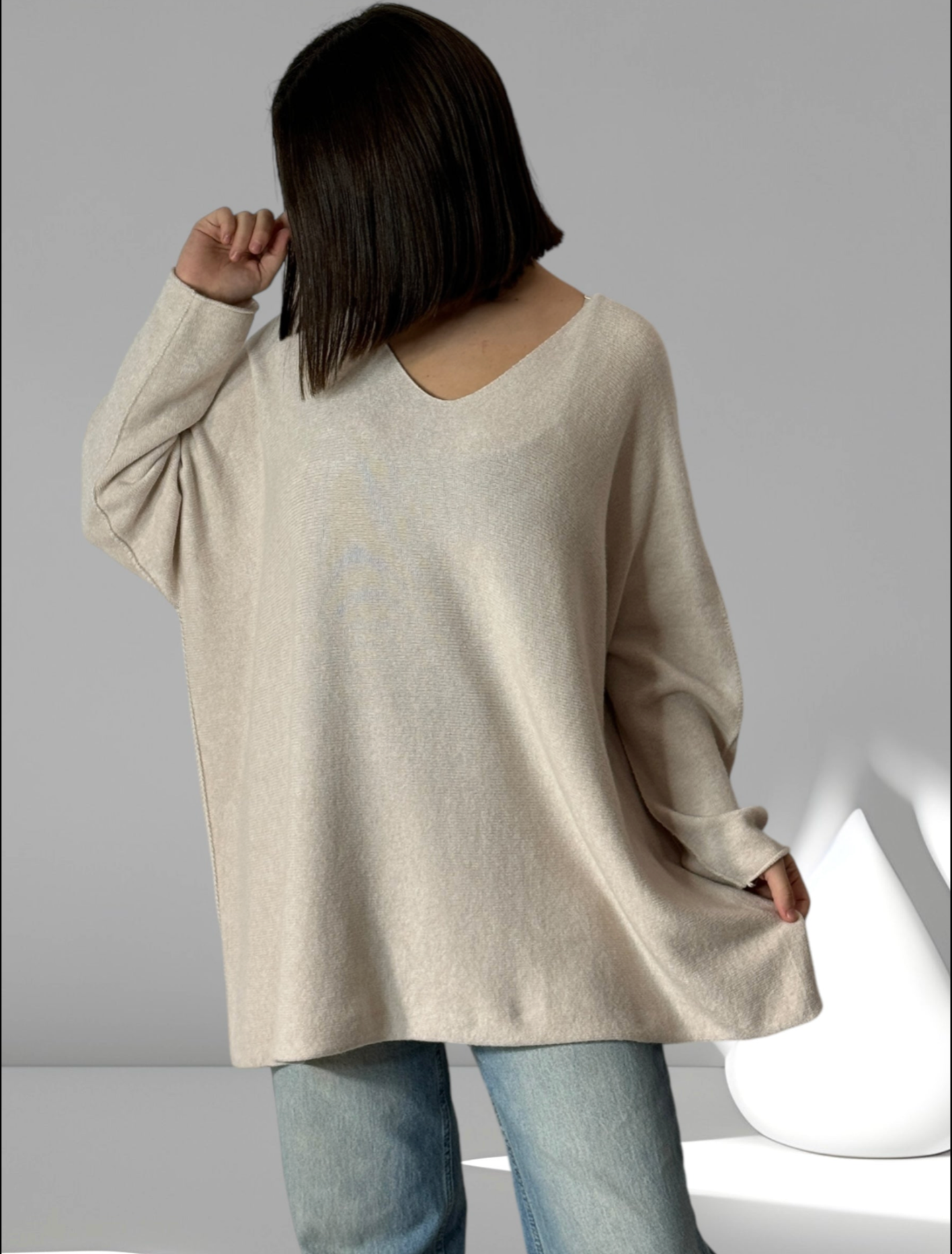 LARA - PULL OVERSIZE TAUPE JUSQU'A LA TAILLE 54