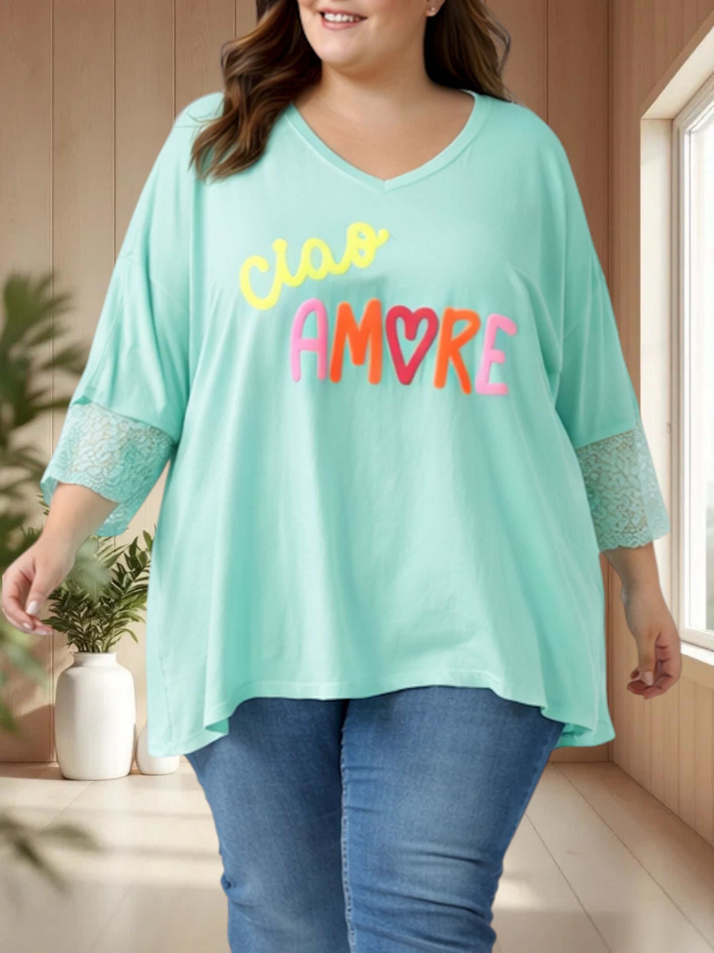AMORE - TEE-SHIRT LAGON MANCHES EN DENTELLE JUSQU'A LA TAILLE 54