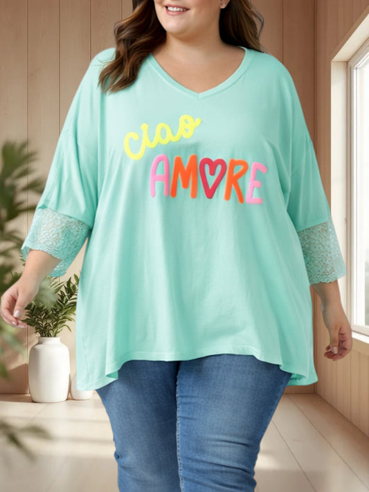 AMORE - TEE-SHIRT LAGON MANCHES EN DENTELLE JUSQU'A LA TAILLE 54