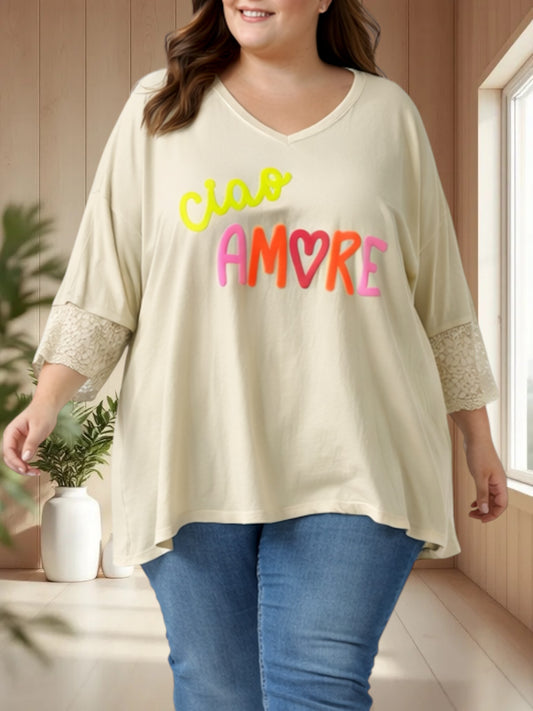 AMORE - TEE-SHIRT BEIGE MANCHES EN DENTELLE JUSQU'A LA TAILLE 54