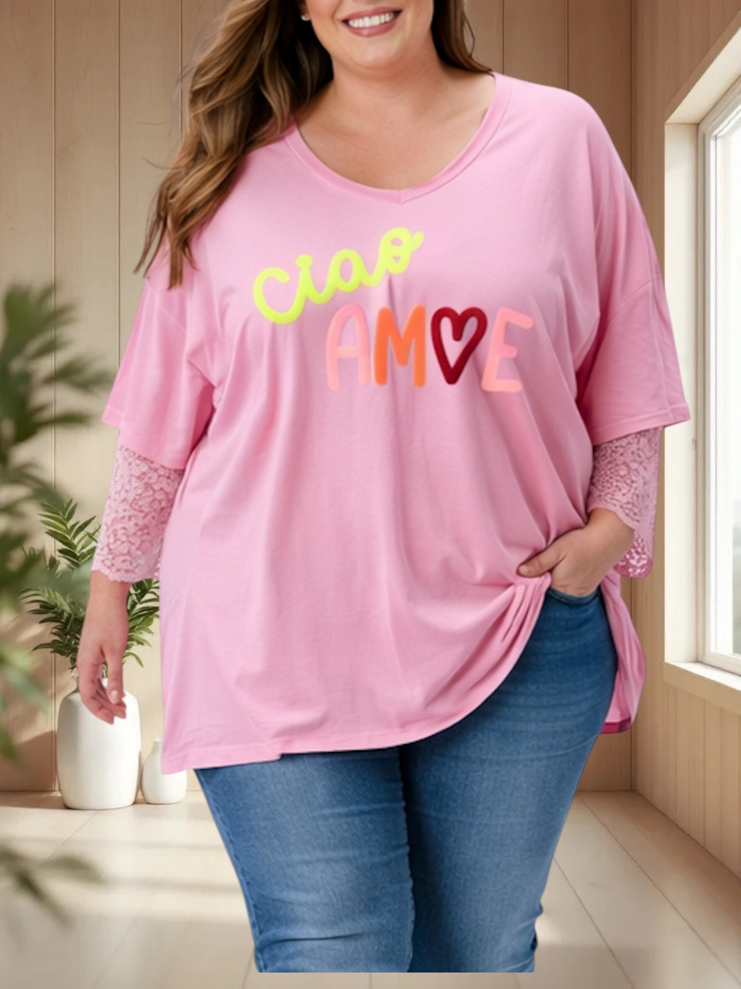 AMORE - TEE-SHIRT ROSE MANCHES EN DENTELLE JUSQU'A LA TAILLE 54