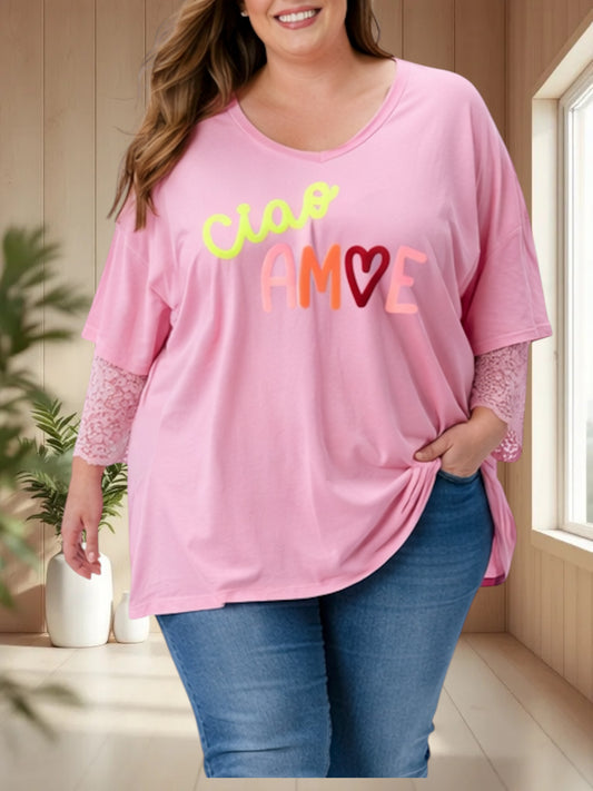 AMORE - TEE-SHIRT ROSE MANCHES EN DENTELLE JUSQU'A LA TAILLE 54