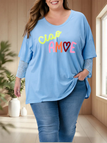 AMORE - TEE-SHIRT BLEU CIEL MANCHES EN DENTELLE JUSQU'A LA TAILLE 54