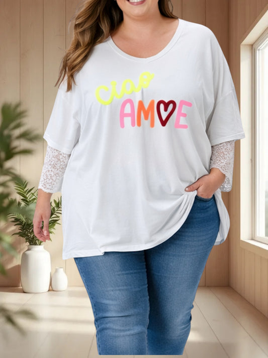 AMORE - TEE-SHIRT BLANC MANCHES EN DENTELLE JUSQU'A LA TAILLE 54