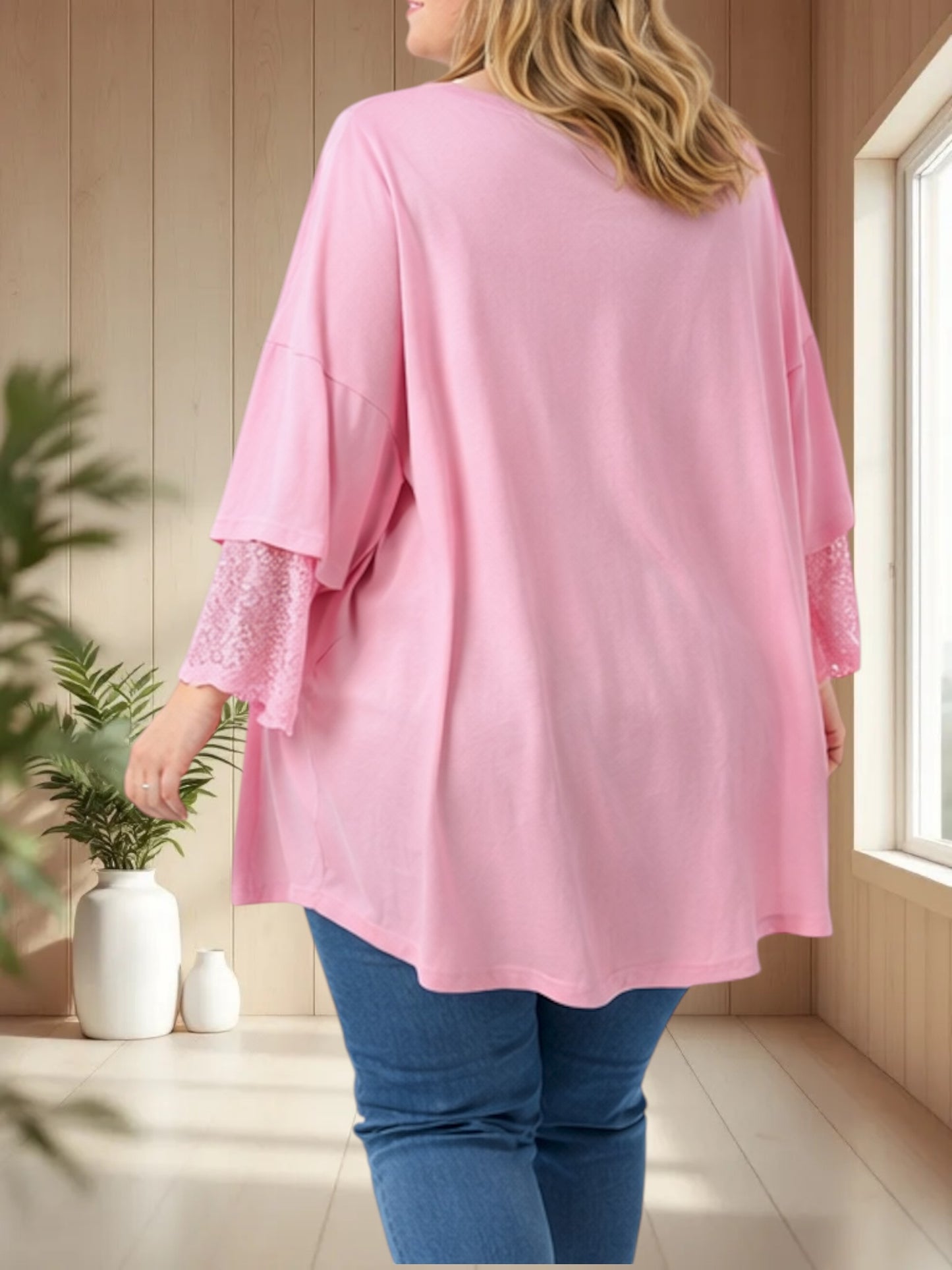 AMORE - TEE-SHIRT ROSE MANCHES EN DENTELLE JUSQU'A LA TAILLE 54