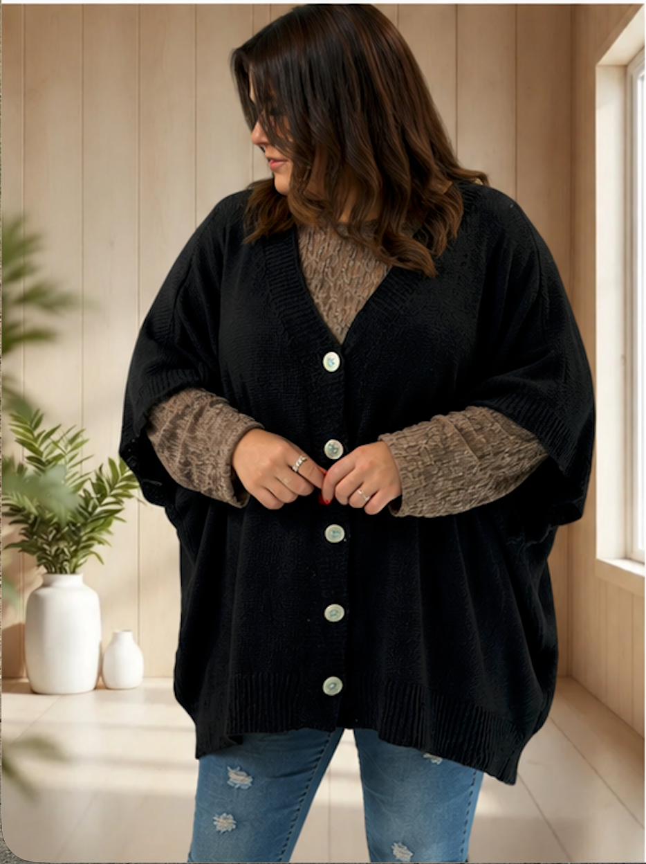 BIANCA - GILET OVERSIZE NOIR JUSQU'A LA TAILLE 60