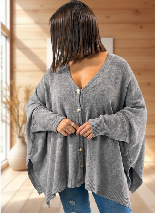 MATHILDE - GILET OVERSIZE GRIS JUSQU'A LA TAILLE 56/58