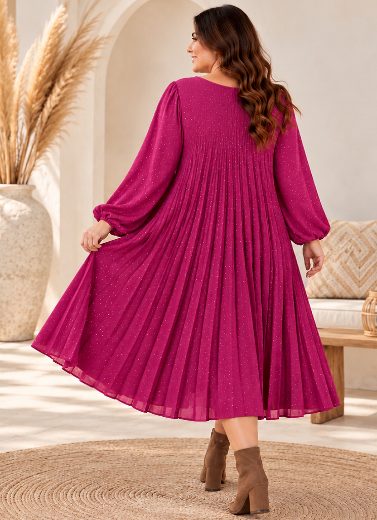 ELSA - ROBE FUCHSIA PLISSEE AVEC STRASS JUSQU'A LA TAILLE 56