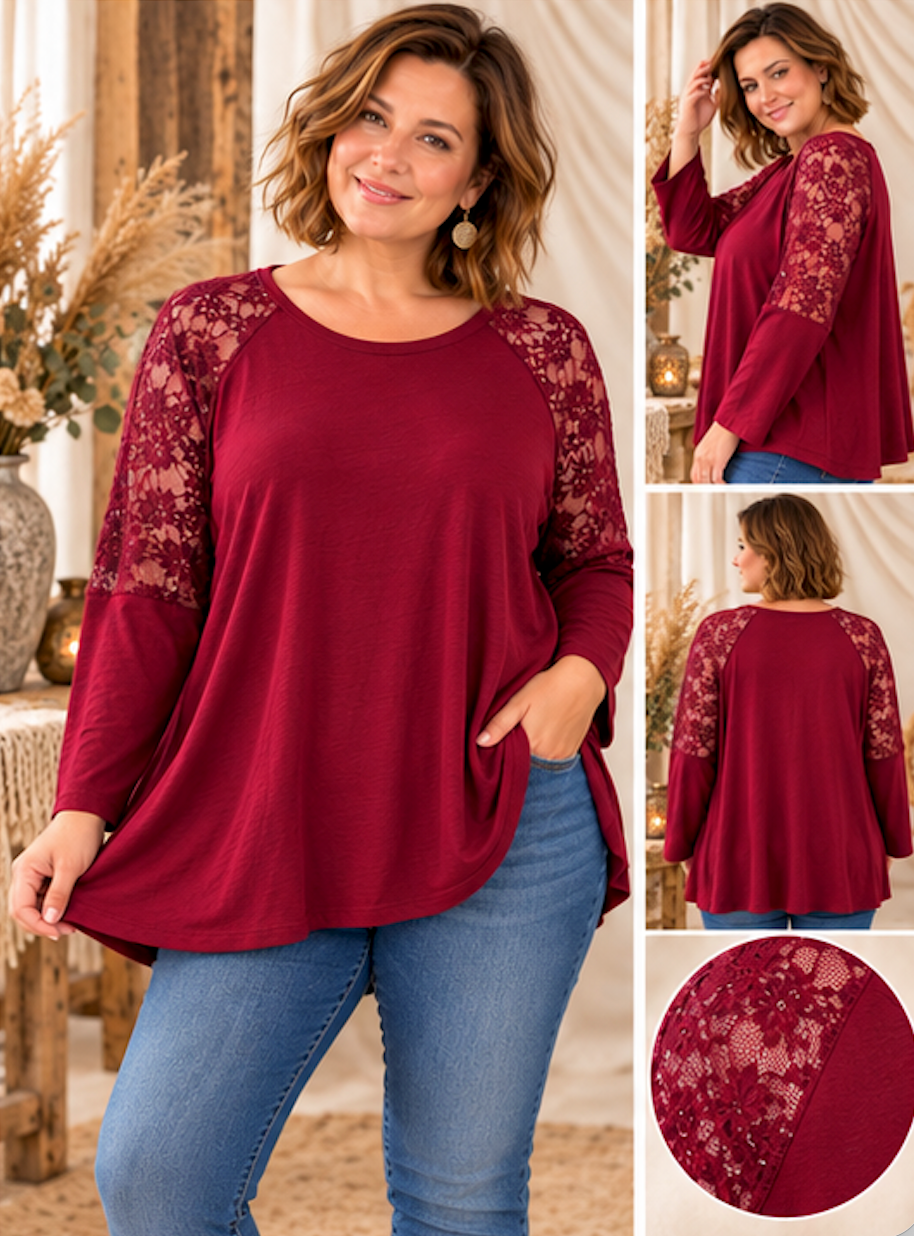 VICKY - TOP BORDEAUX AVEC DENTELLE TAILLE 48 A 54/56
