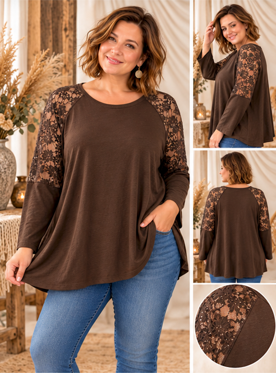 VICKY - TOP MARRON AVEC DENTELLE TAILLE 48 A 54/56