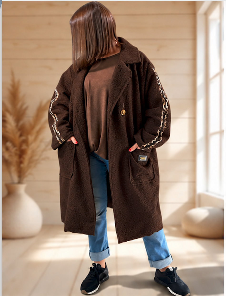CLARICE - MANTEAU MARRON A BOUCLETTE JUSQU'A LA TAILLE 48/50 A 56