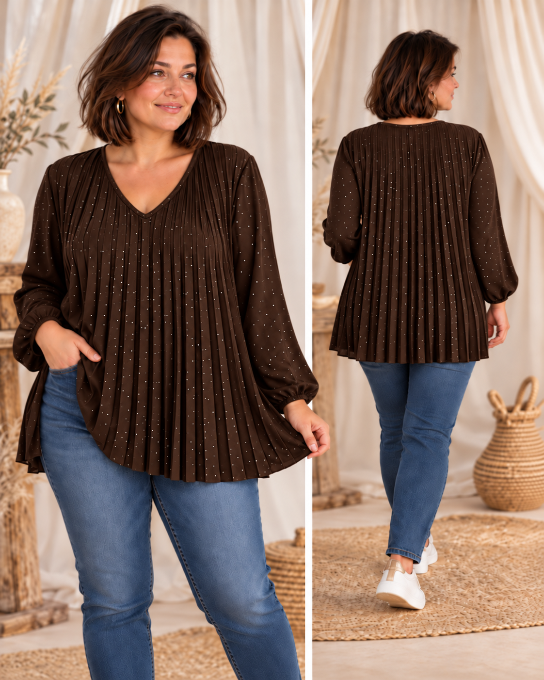 OLGA - TUNIQUE PLISSEE MARRON  AVEC STRASS JUSQU'A LA TAILLE 56