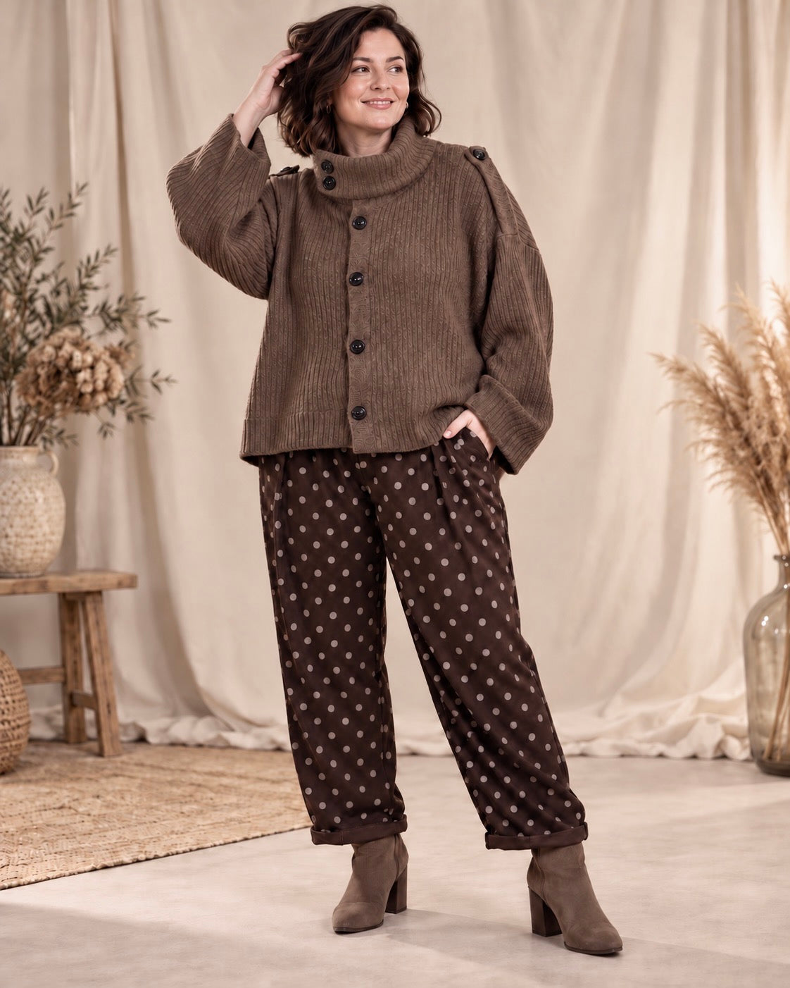 NINO - PANTALON MARRON A POIS TAILLE 46 A 52/54