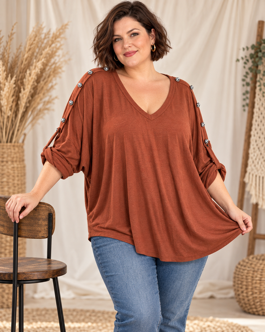 CLOVIS - PULL ROUX EN MAILLE FLUIDE AVEC BOUTONS JUSQU'A LA TAILLE 56