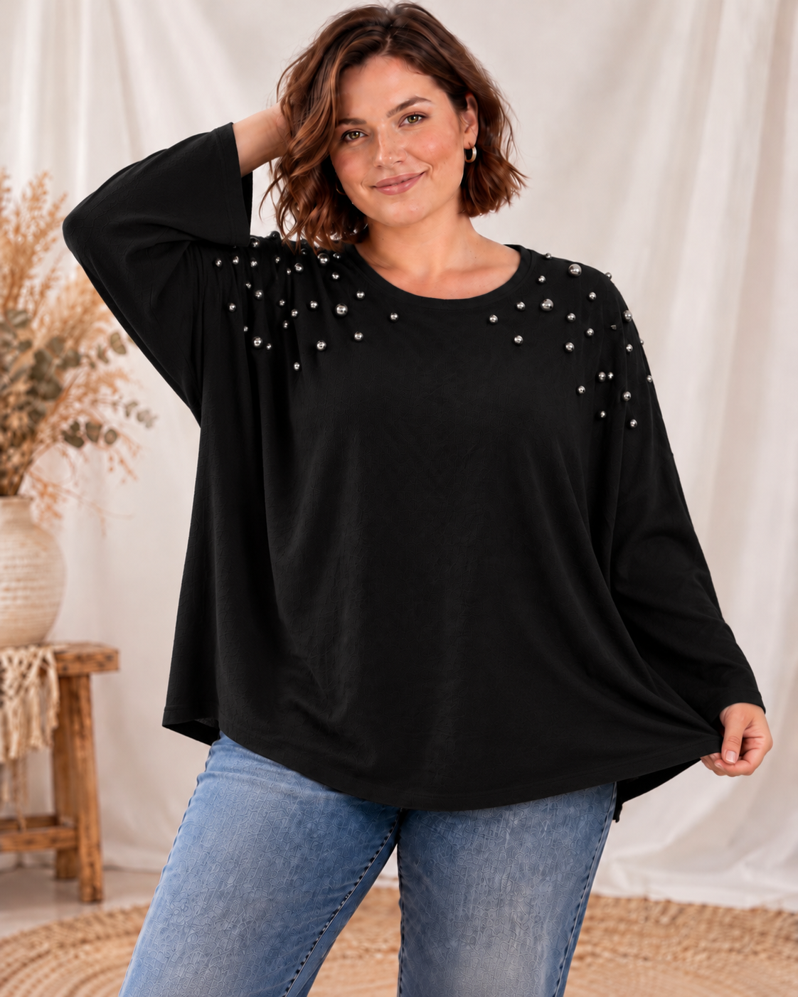 TERRY - PULL NOIR EN MAILLE AVEC CLOUS JUSQU'A LA TAILLE 54/56