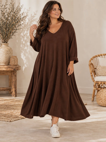 CHRISTA - ROBE TRAPEZE MARRON EN MAILLE JUSQU'A LA TAILLE 56