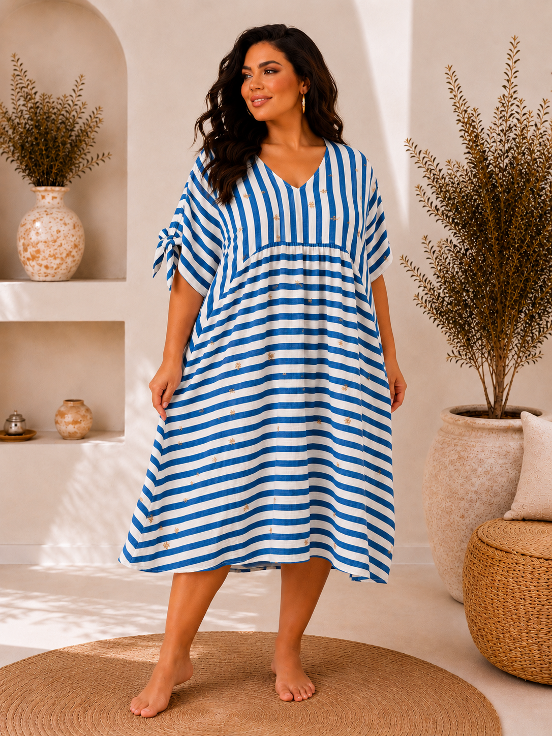 LISON - ROBE BRODEE BLEUE A RAYURE EN GAZE DE COTON JUSQU'A LA TAILLE 54