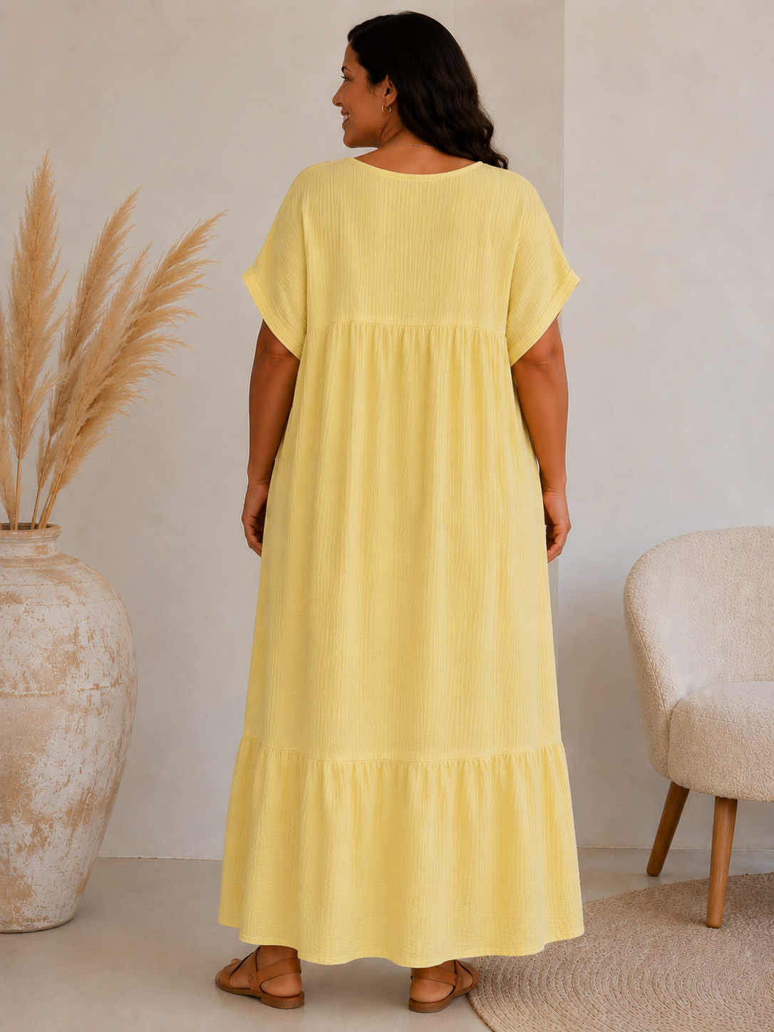 LAURETTE - ROBE LONGUE JAUNE EN GAZE DE COTON JUSQU'A LA TAILLE 54