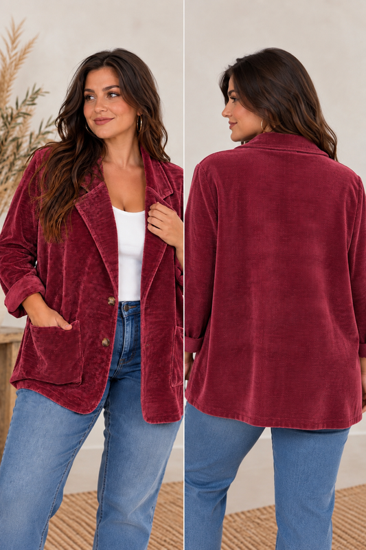 ORNELLA - VESTE BORDEAUX EN VELOURS JUSQU'A LA TAILLE 54