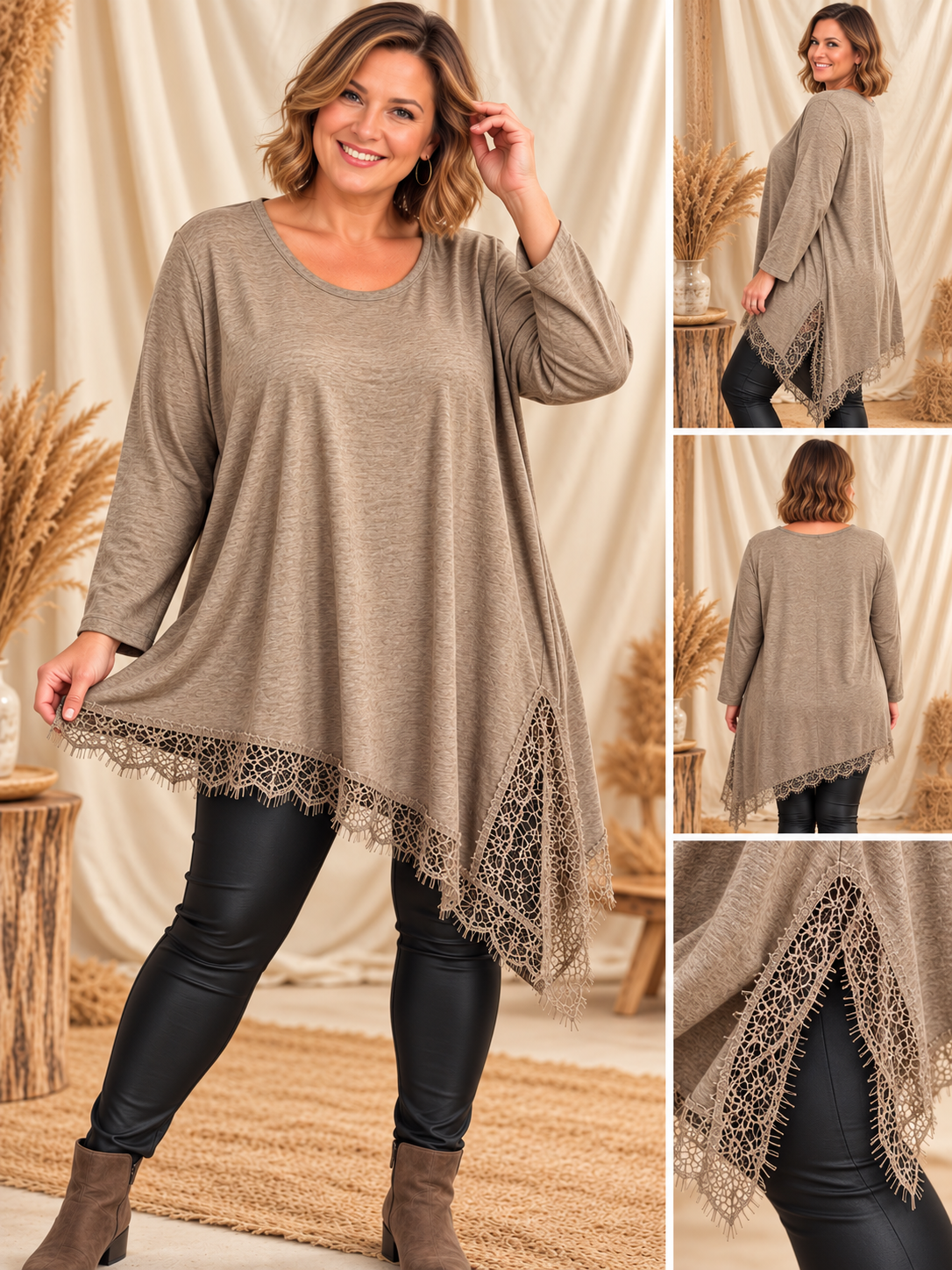 AMANDINE - TUNIQUE TAUPE EN MAILLE AVEC DENTELLE JUSQU'A LA TAILLE 54