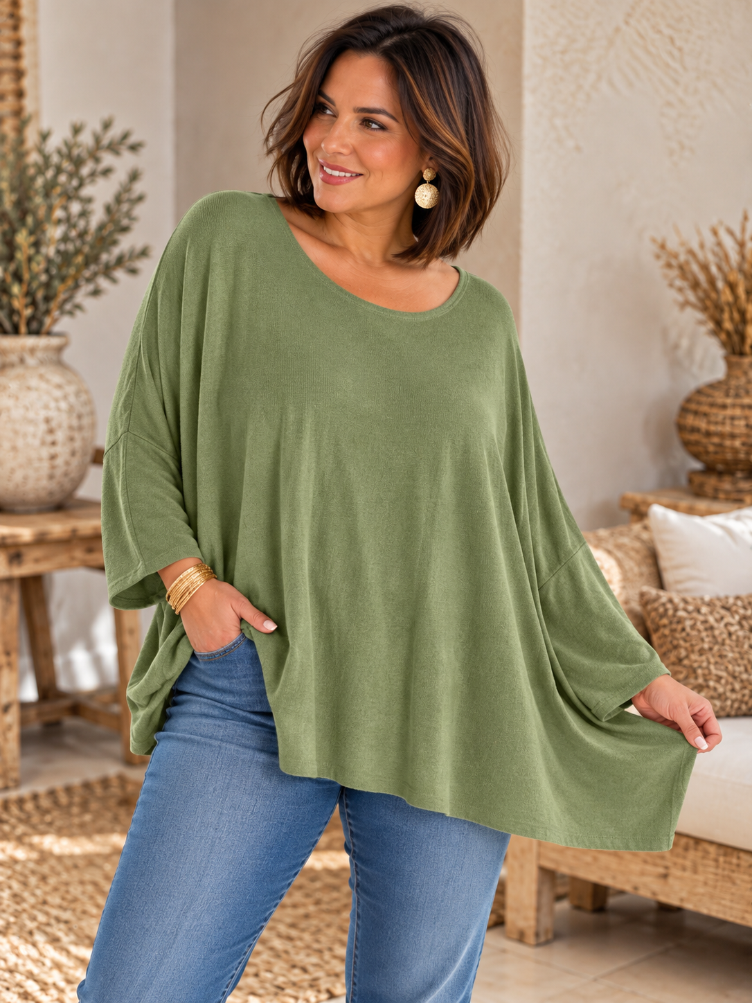 CAPRIO - PULL VERT ANIS EN MAILLE FLUIDE JUSQU'A LA TAILLE 54