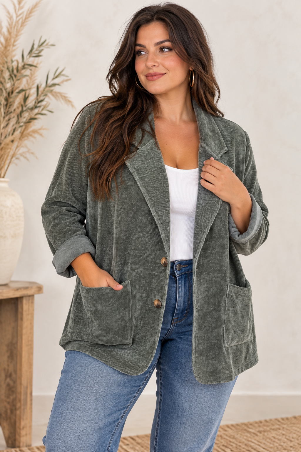 ORNELLA - VESTE KAKI EN VELOURS JUSQU'A LA TAILLE 54