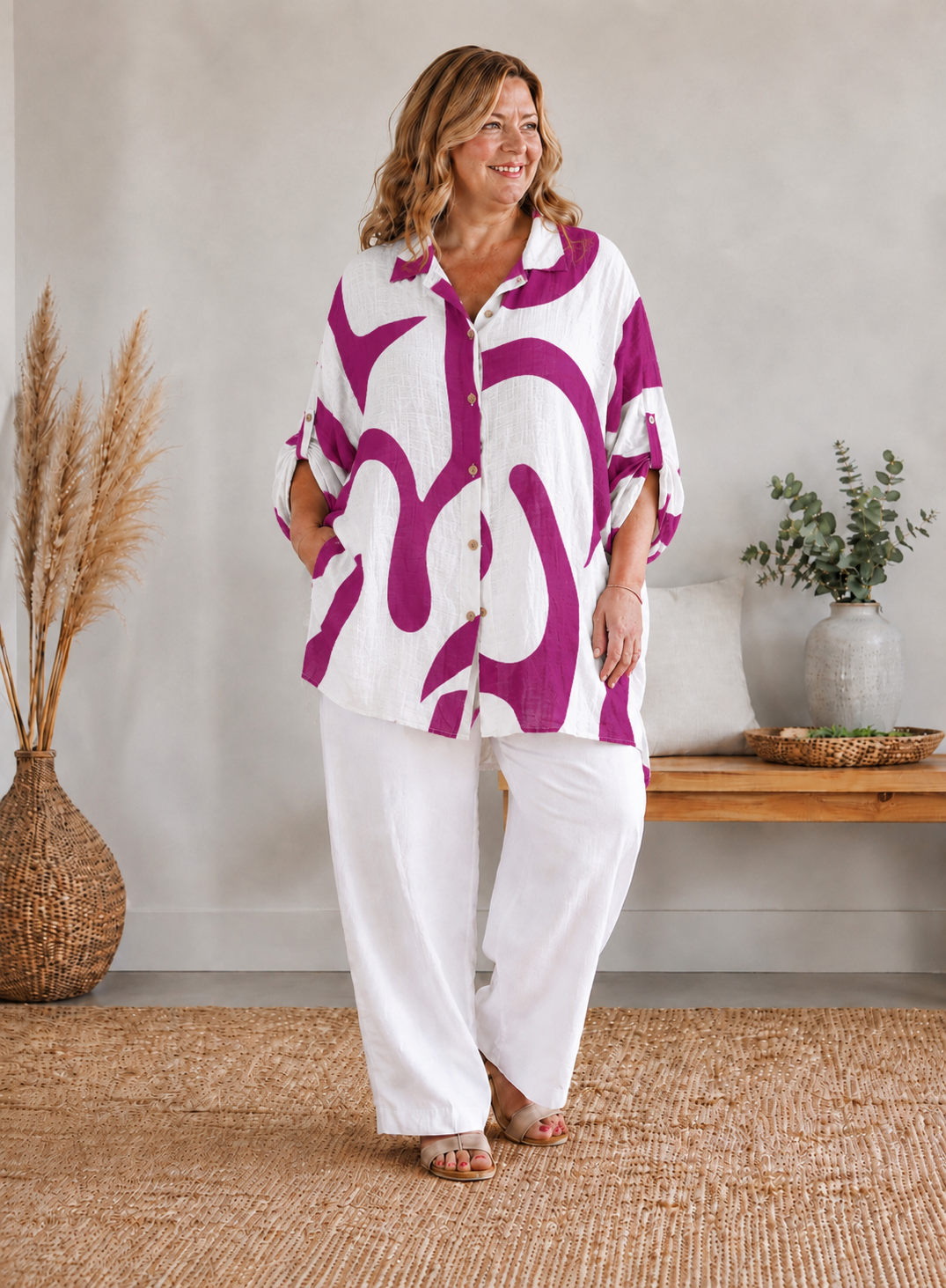 DELPHINE - CHEMISE MOTIF CYCLAMEN JUSQU'A LA TAILLE 58
