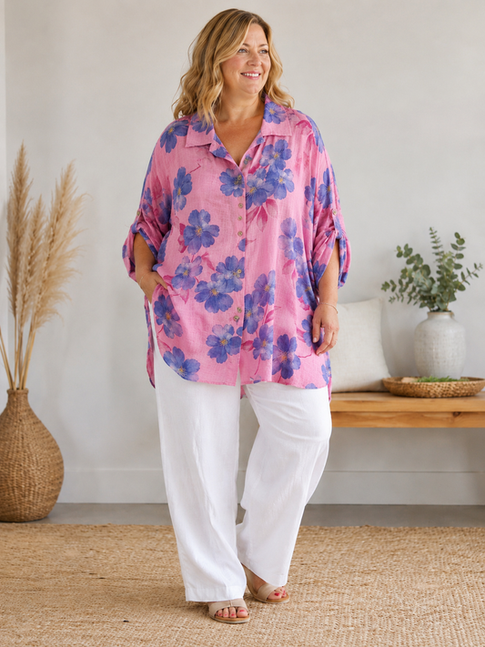 LILIBELLE - CHEMISE ROSE A FLEUR JUSQU'A LA TAILLE 58