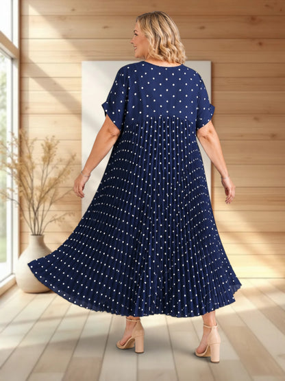 MELODIE - ROBE MARINE A POIS PLISSEE JUSQU'A LA TAILLE 56